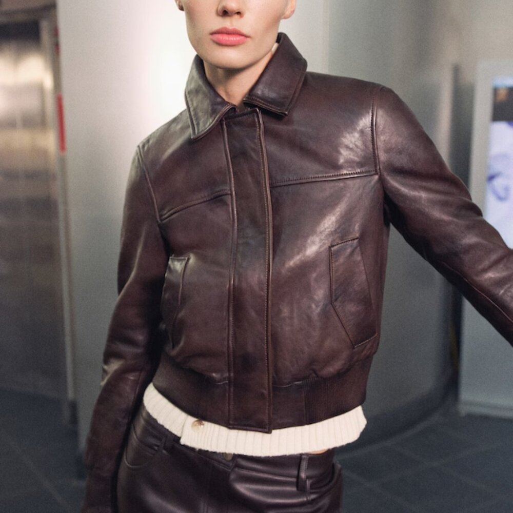 NWOT Mango Leather Bomber Jacket in Brown - XXS